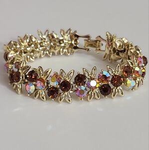 Vintage AB rhinestones bracelet amber brown pink gold lk New! Estate vtg crystal